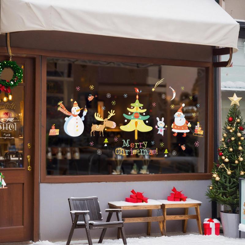 Christmas Tree Decorations, Electrostatic Glass Stickers, Festive Snowman and Reindeer Scene Decoration, Event Stickers