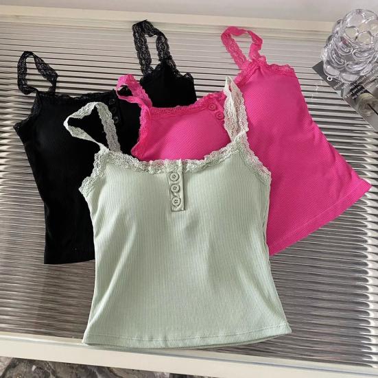 Women Sling Vest Pure Color Lace Splicing Bottom Tops with Built-in Chest Pad Soft Stretchy Camisole Work Party Vacation Wear