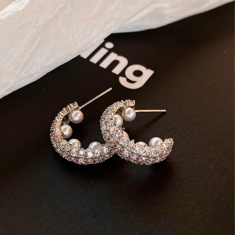 Silver needle zircon C-shaped pearl stud earrings cold wind elegant temperament earrings earrings