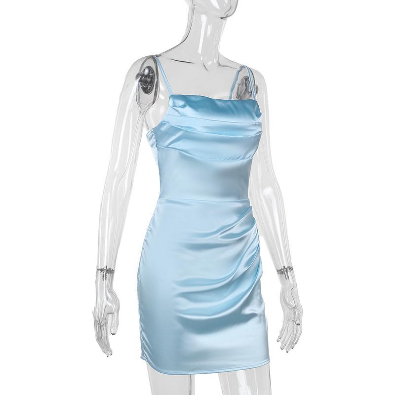 Fall Bag Hip Short Dress Women's Socialite Style Sexy Slim Pleated Satin Slip Dress