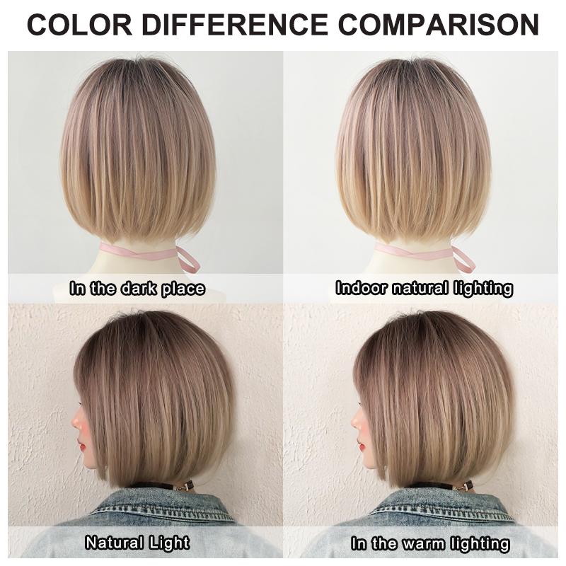 Pixie Cut Wigs Synthetic Short Straight Pink Brown Bob Wigs With Dark Roots High Density Layered Hair Wigs With Curtain Bangs