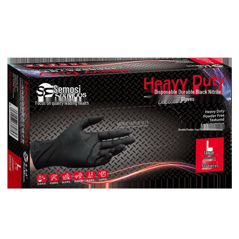 Semosi Durable Black Nitrile Gloves: Thick, Disposable, Oil-Resistant for Food, Beauty, Tattoo, Industrial, and Automotive Use.