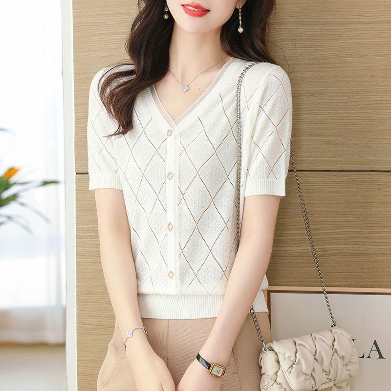 Summer V-neck Knitted T-shirt for Women Ice Silk Knit Sweater Loose and Thin Short Top