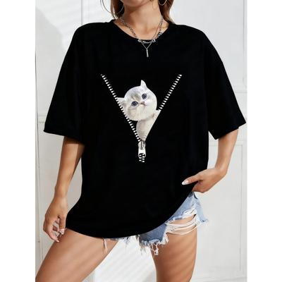 Cute Cat Zipper Design T-Shirt White Kitten Graphic Print Casual Wear For Women Summer Outfit Street Style Fashion Top