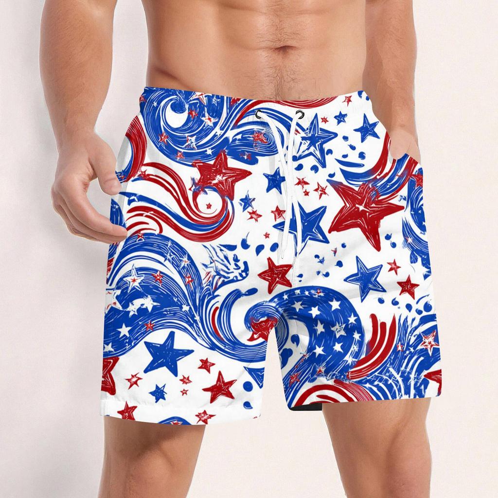Men Swim Trunks Drawstring Waist 3D Star Print Quick Dry Board Shorts with Mesh and Side Pockets