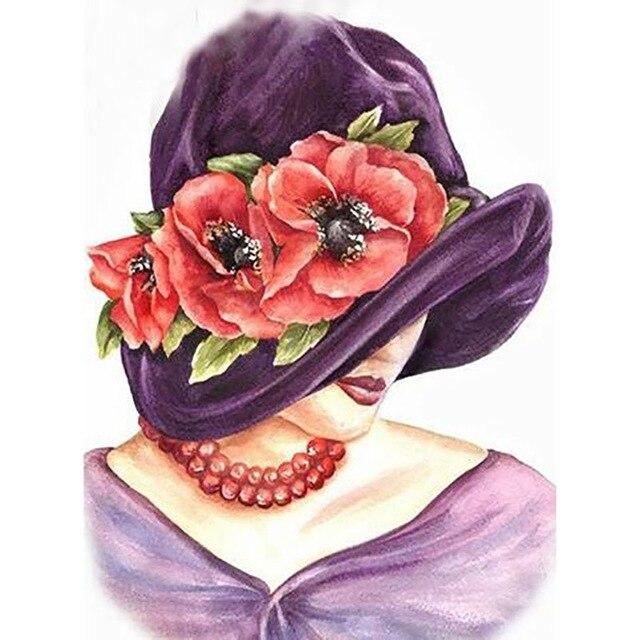 5D diamantová malba ženy Celokulatý vrták Mozaika Diamantové vyšívání "Květinový klobouk krása" Dárek do domácnosti