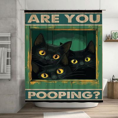 Are You Pooping? Shower Curtain Featuring Three Black Cats Peeking Out from a Window Bathroom Decor Item with Punny Humor for Ca