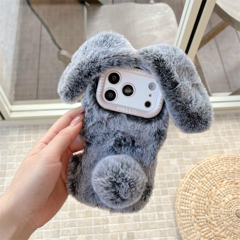 

Fashion Solid Colors Rabbit Ears Fluffy Furry Plush Phone Case For iPhone 17 Air 16 13 14 15 Pro Max Shockproof Protective Cover iPhone 15 Pro Max