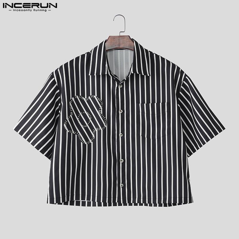INCERUN Cămăși scurte casual de vară pentru bărbați, supradimensionate, cu guler cu rever, mânecă scurtă, florale, cu dungi