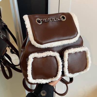 College Style Plysch Mjukt Läder Ryggsäck Dam Fluffig Handväska Trendig High-End Retro Axelryggsäck