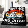 Trust God Jiu Jitsu Sunset Scene Blanket With Customizable Name Four Seasons Comfortable Shawl Blanket Suitable For Home Travel Camping Office