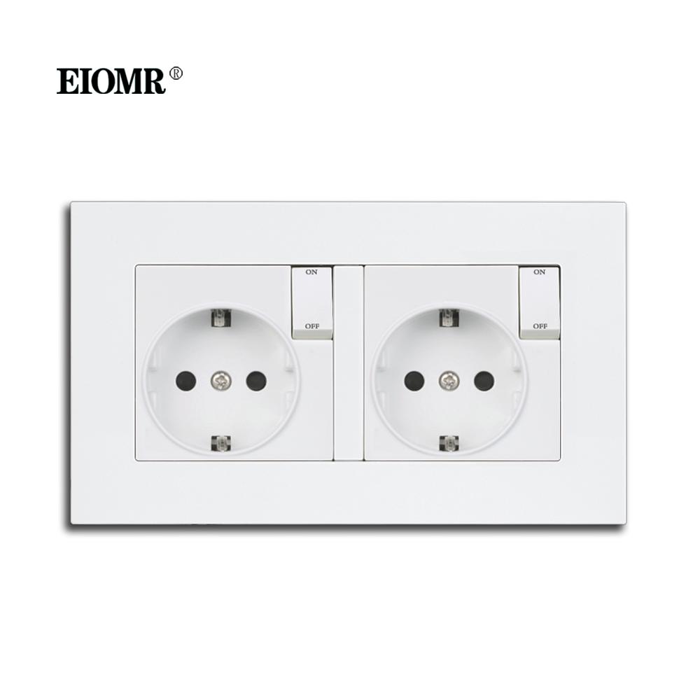 EIOMR EU Standard Electrical Sockets Simple Style PC Panel Double Socket Strip with Switch Button EU Russia Spain Wall Socket