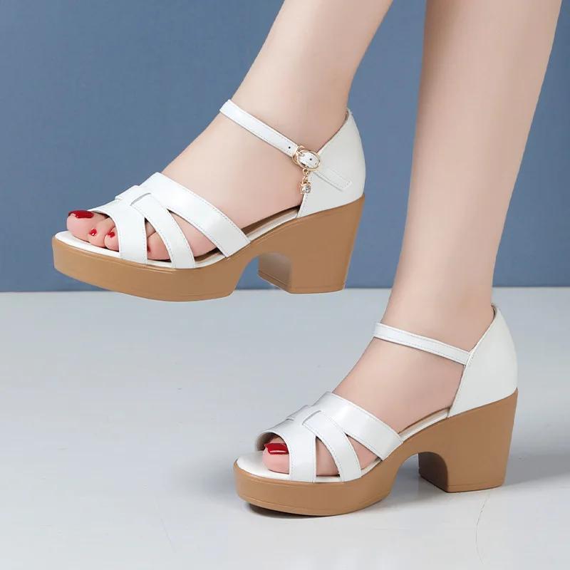 7cm 9cm Comfortable Quality Genuine Leather Sandals Women Summer 2025 Block High Heels Sandals Platform Shoes Office Mom Model