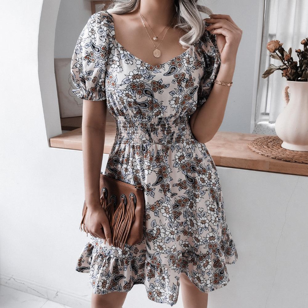 GMXIA Casual Square Collar Lantern Sleeve Floral Casual Ruffled Dress for Women