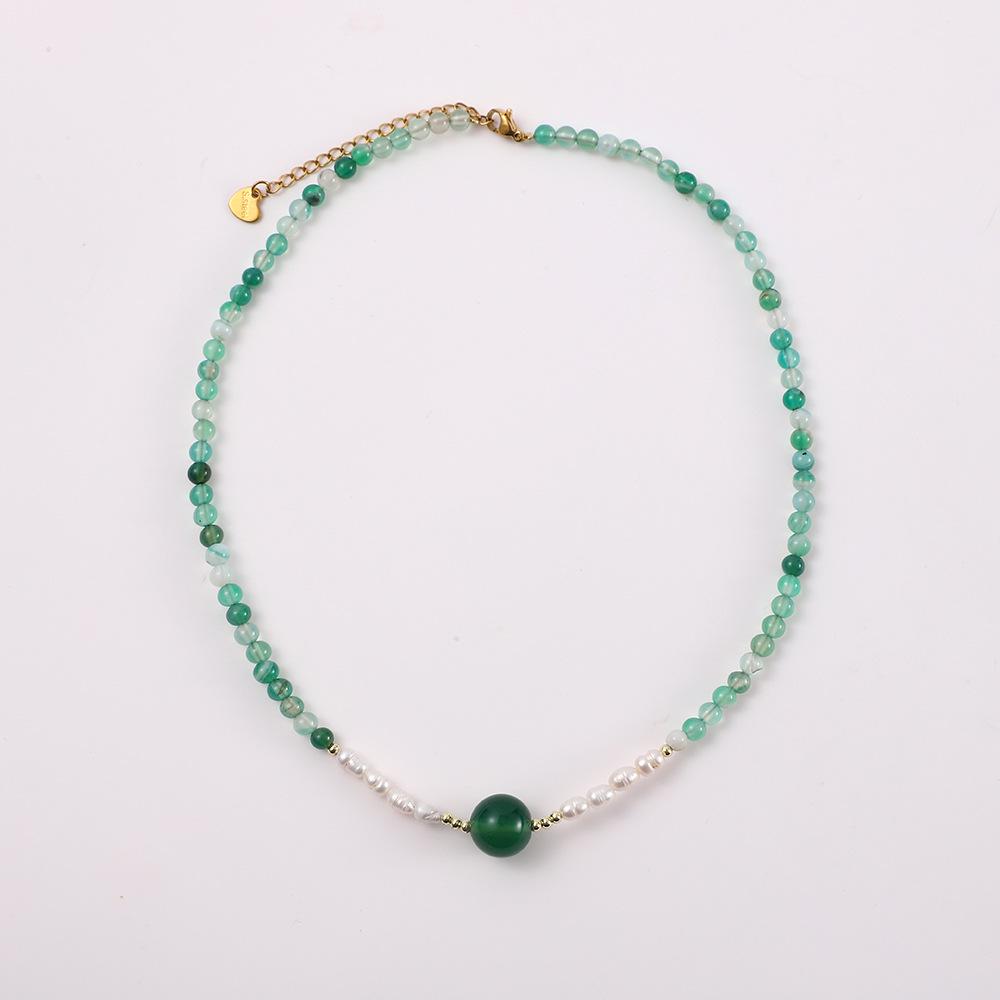 Chinese Green Chalcedony & Pearl Necklace and Bracelet Set - Artistic Forest Style Accessories