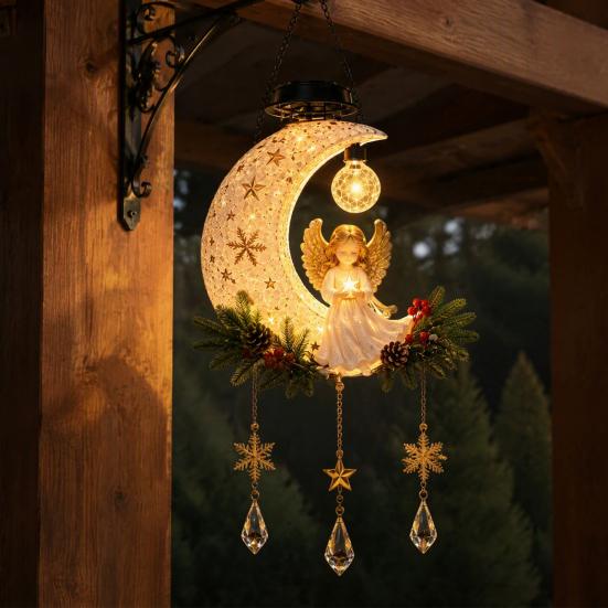 Garden Patio Yard Decoration Solar Angel Moon Light, Christmas Hanging Lantern with Warm Glow, Resin Light Outdoor for Porch Tree, Faux Crystal