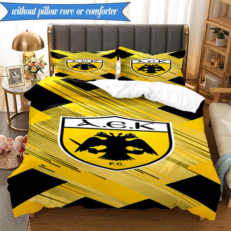 3-teiliges AEK Athen Gold-Schwarz Wappen Bettwäscheset 2D-Druck (Enthält 1 Bettbezug + 2 Kissenbezüge Ohne Füllung), Schlafzimmerdekoration, Ventilatorgeschenk