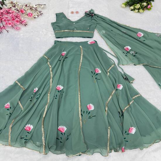Sage Green Floral Painted Lehenga Choli with Dupatta