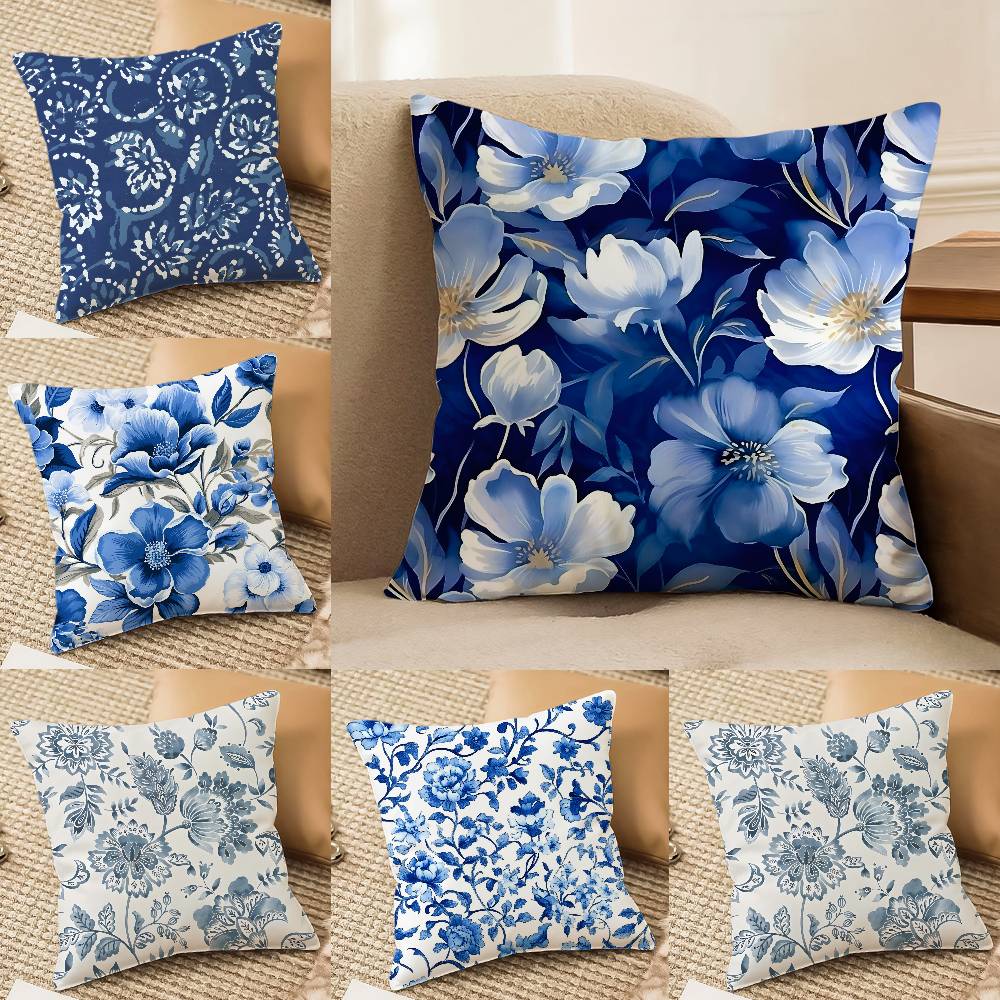 Elegant Blue Floral Pattern Pillow Case Printed Brushed Fleece Pillow Baby Skin-Touch Eco-Friendly Dye-Sublimat