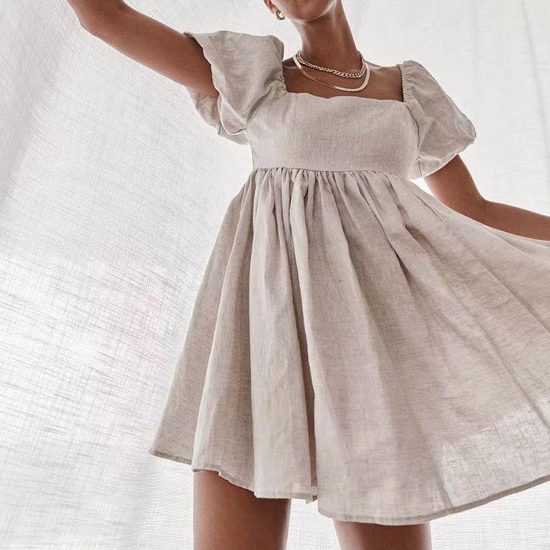 European and American New Sexy Square Collar Puff sleeve Dress Square Neck Bubble Sleeved Dress