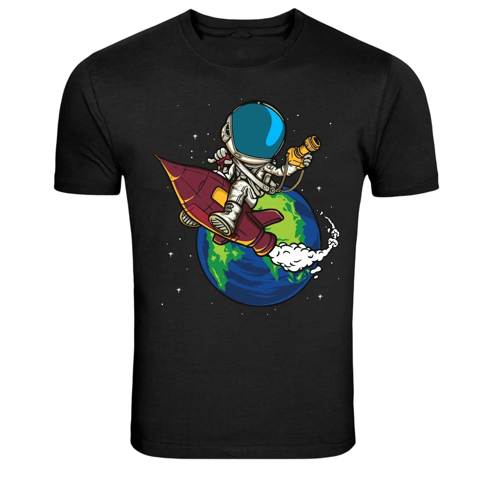 Astronaut Riding Rocket Around Earth Space Graphic T-Shirt M