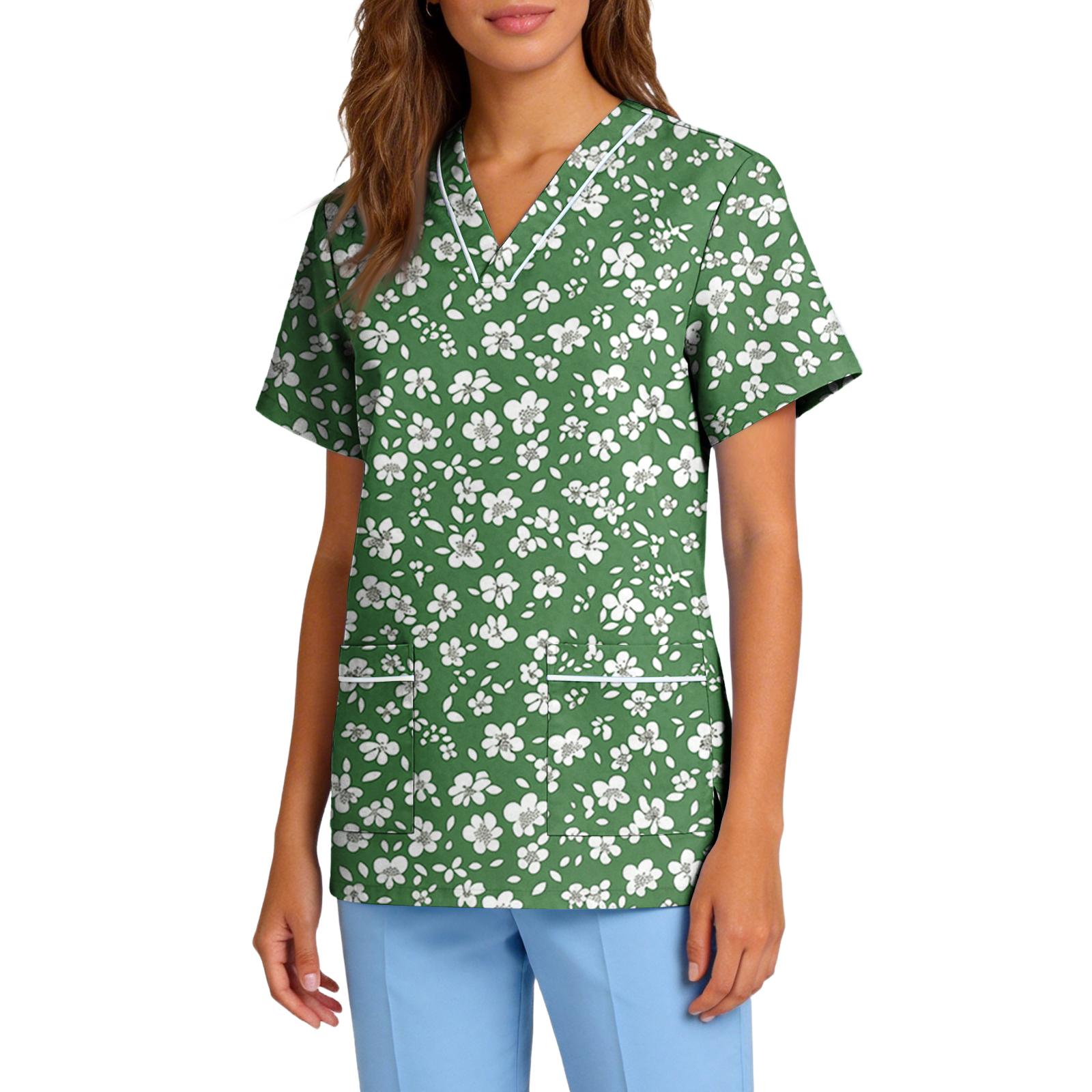 

Women s Stretch Quick-Dry V-Neck Short Sleeve Workwear Top with Floral Print & Pockets S зелёный