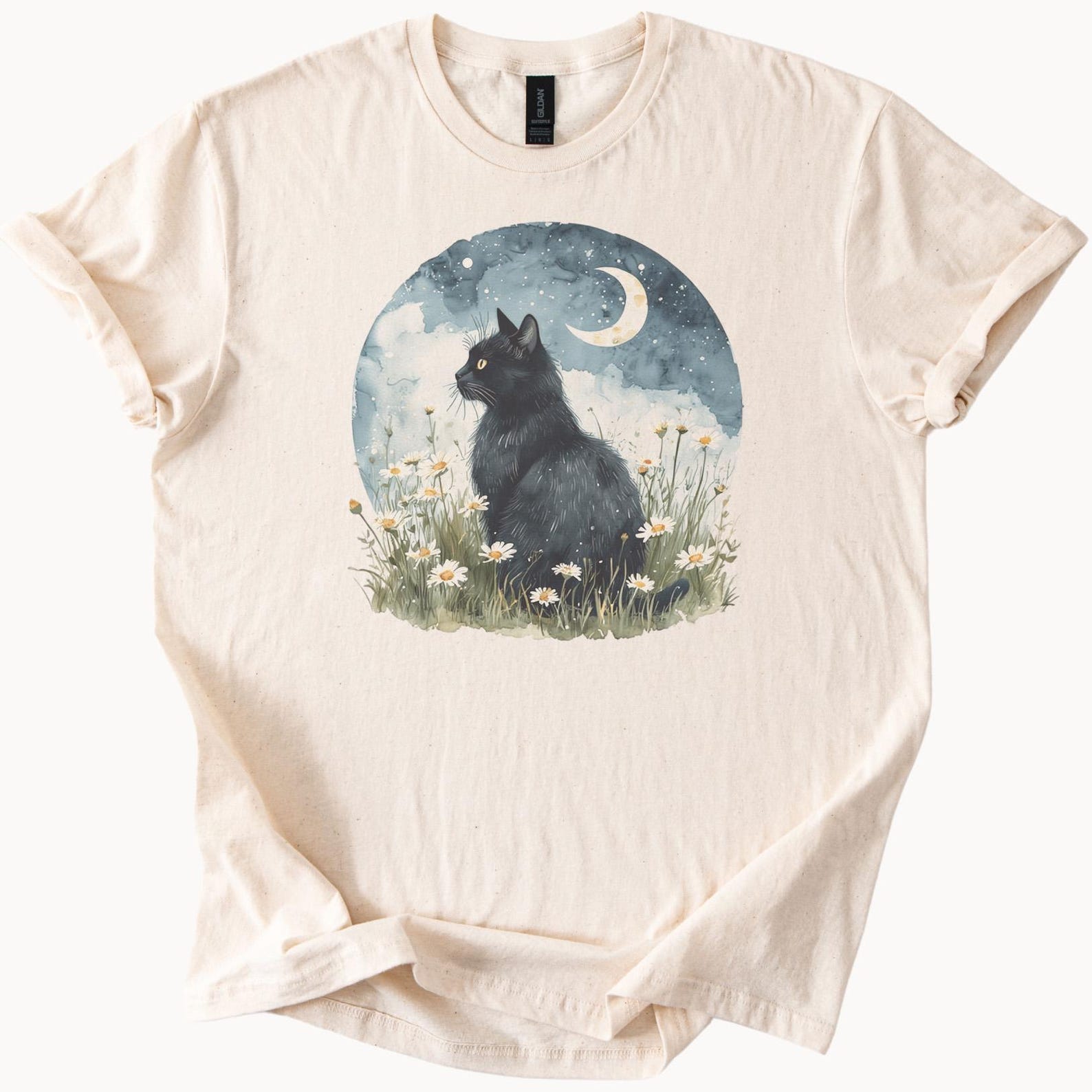 Black Cat Moonlight Meadow Graphic T Shirt Night Sky Floral Daisy Art Cat Lover Gift Nature Aesthetic Animal Tee Soft Cotton Top 110