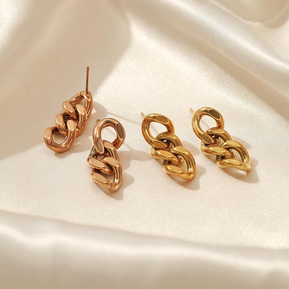 Cuban Chain Earrings, European and American Simple Chain Stainless Steel Gold-plated Studs, Fashionable and Creative Popular Design Earrings for Women
