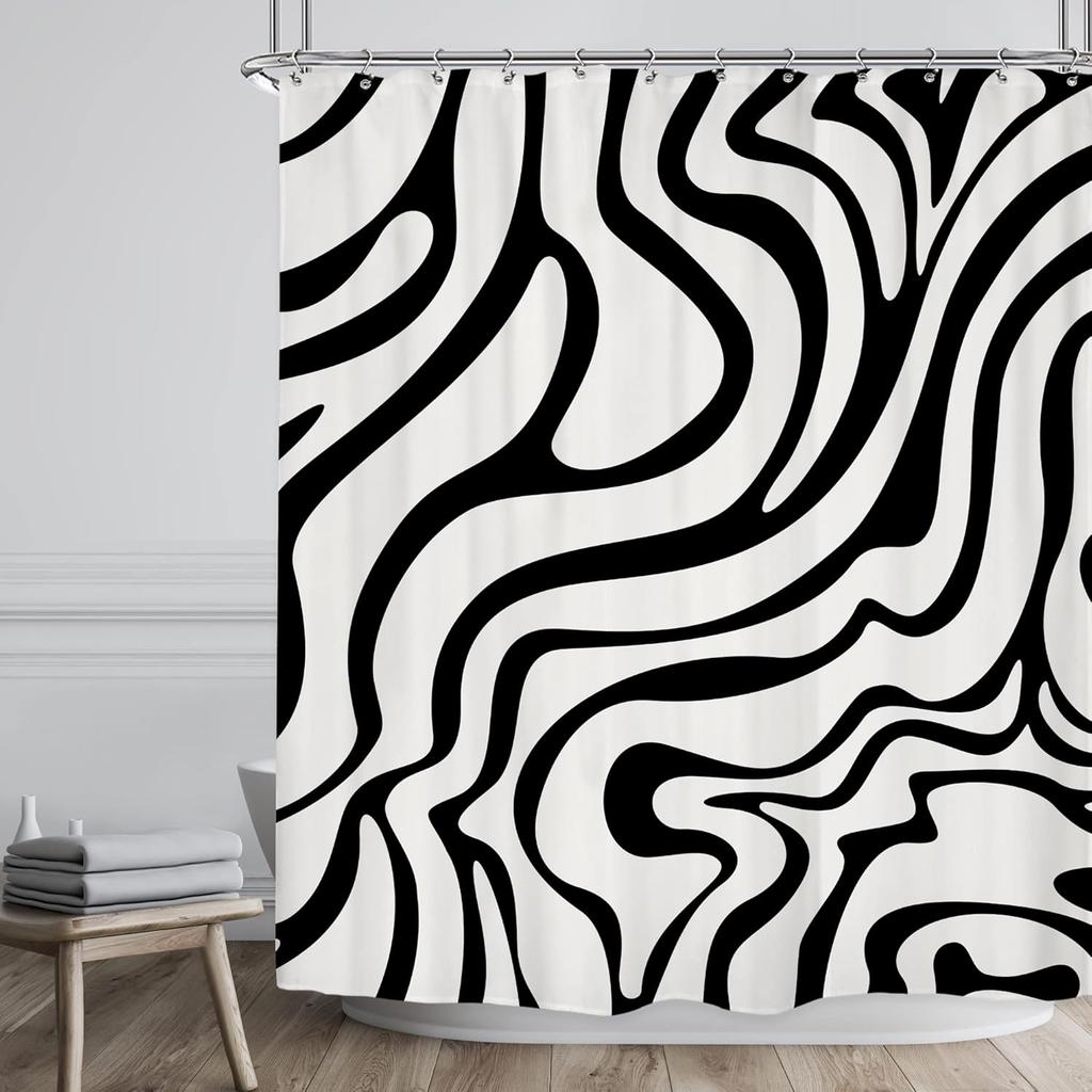 Retro Black White Shower Curtain Abstract 70s Art Waves Stripes Geometric 60s Vintage Simple Aesthetic Artistic Bathroom Decor