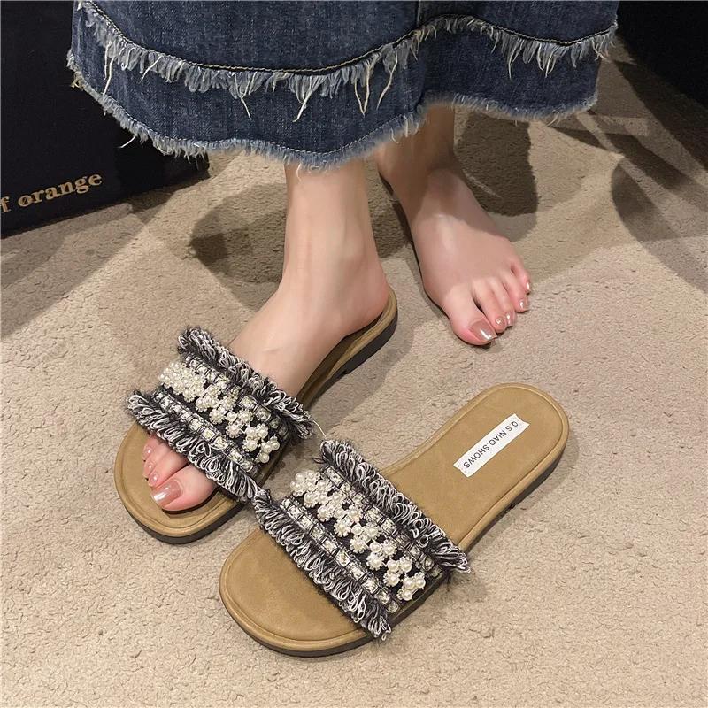 Fashion Hot Selling Summer Fashionable Sexy Light Casual Women's Shoe Comfortable Square Head Pearl Decoration Solid Color Flat Slippers