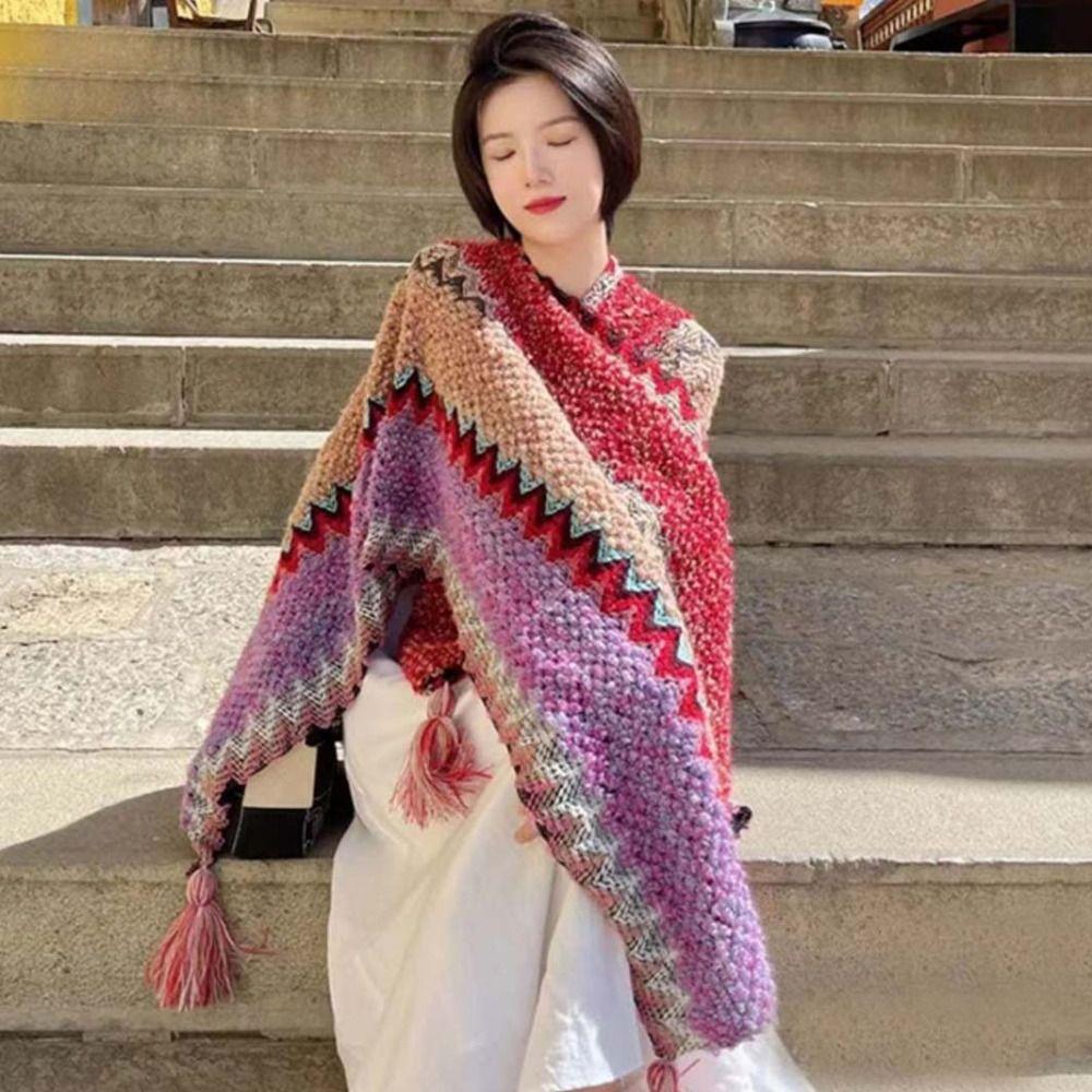 Wave Ethnic Style Shawl Stripe Large Neck Scarves Elegant Winter Knitted Scarf  Outdoor