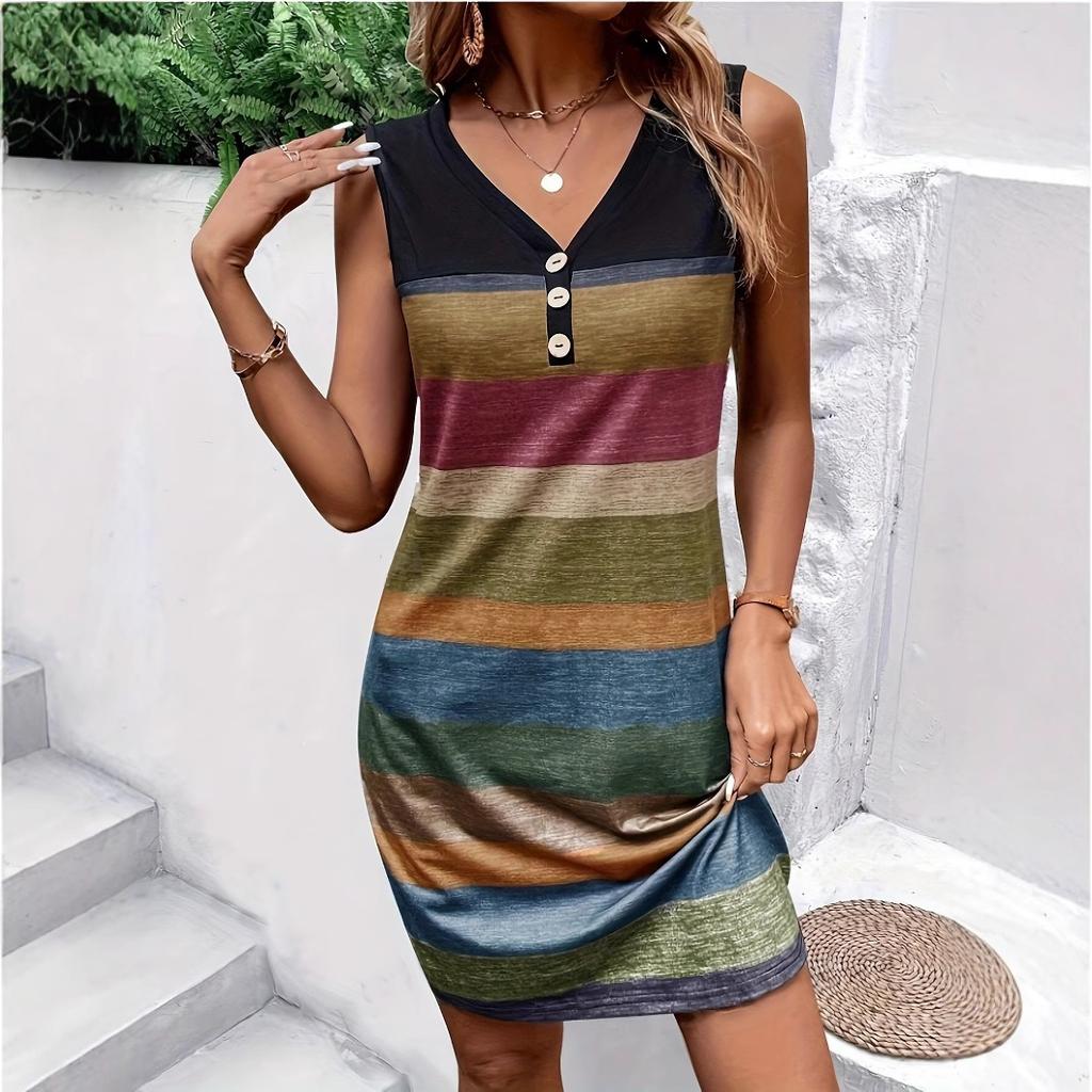 Knitted vest dress European and American new color matching sleeveless fashion V-neck seaside vacation dress