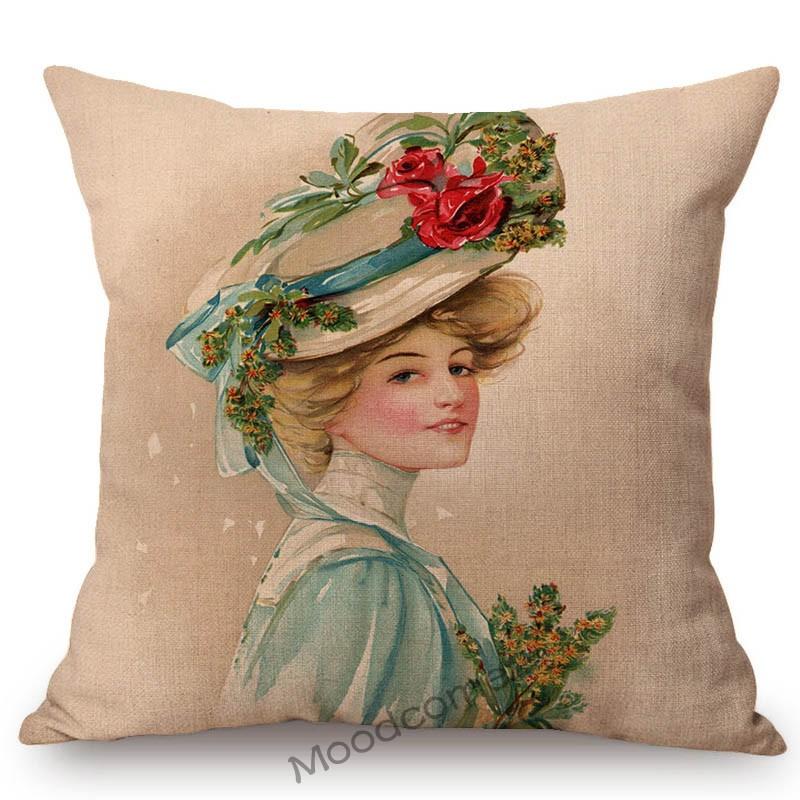 European Royal Court Victorian Era Lady Hat With Flower Elegant Sofa Throw Pillow Cover Classic Vintage Linen Decor Cushion Case