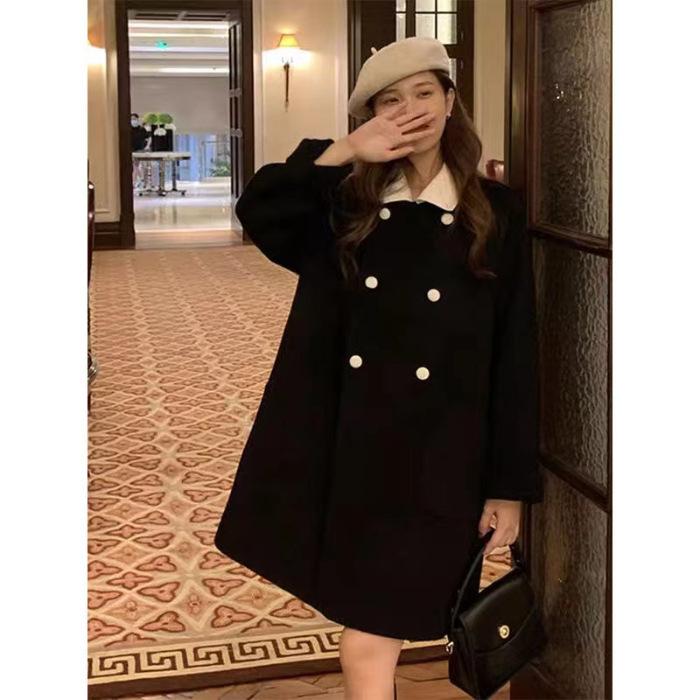 

Ji Korean small man retro contrasting color lapel short high-end woolen coat woolen coat women loose and tall S чёрный