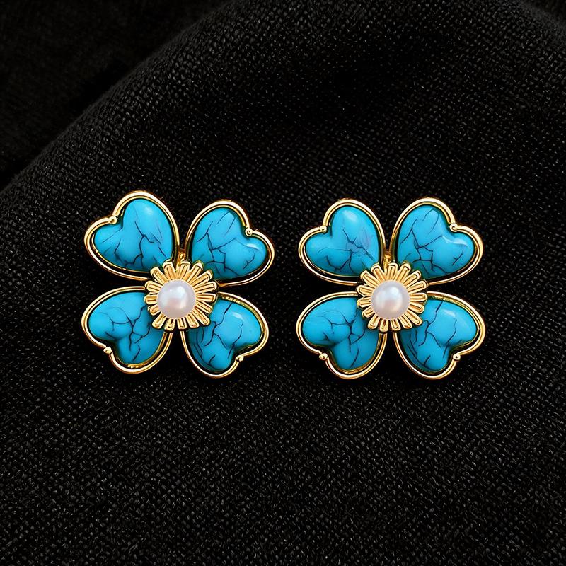 18k Gold Plated Silver Needle Retro Resin Marbled Flower Stud Earrings