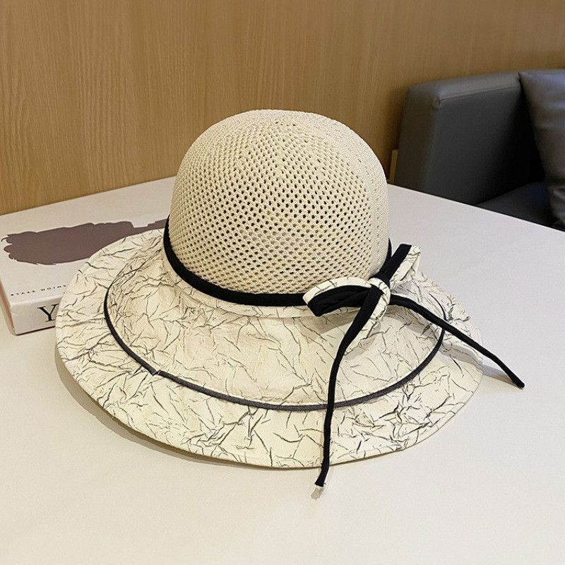

Holiday Vacation Sun Hat with Wide Brim Women s Patchwork Foldable Breathable Easiest for Match Knitting Summer Sun-Proof Bucket Hat Bows Beige M (56-58 cm)