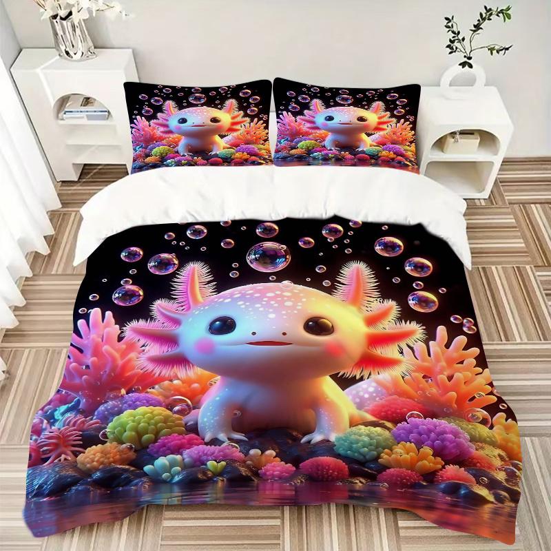 3pcs Axolotl Bubble Printed Bedding Set, Soft and Comfortable Quilt Cover for Bedroom, Guest Room (1 Duvet Cover + 2 Pillowcases, Pillow Cor