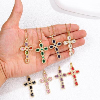 Multicolor Zircon Cross Necklace with Copper Micro-inlay – Colorful Pendant Clavicle Chain Jewelry.