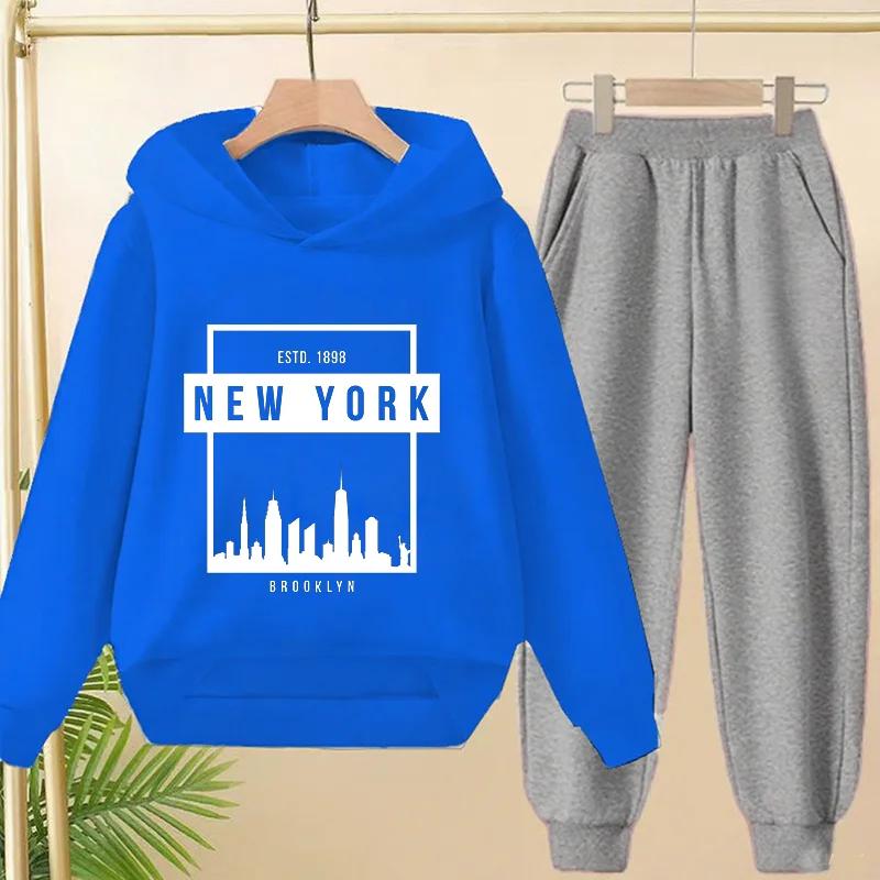 Spring Autumn New York BrookLyn Letter Print 2pcs Hoodie+Pants Tracksuits 3-13 Years Boys Girls Streetwears Children Clothes