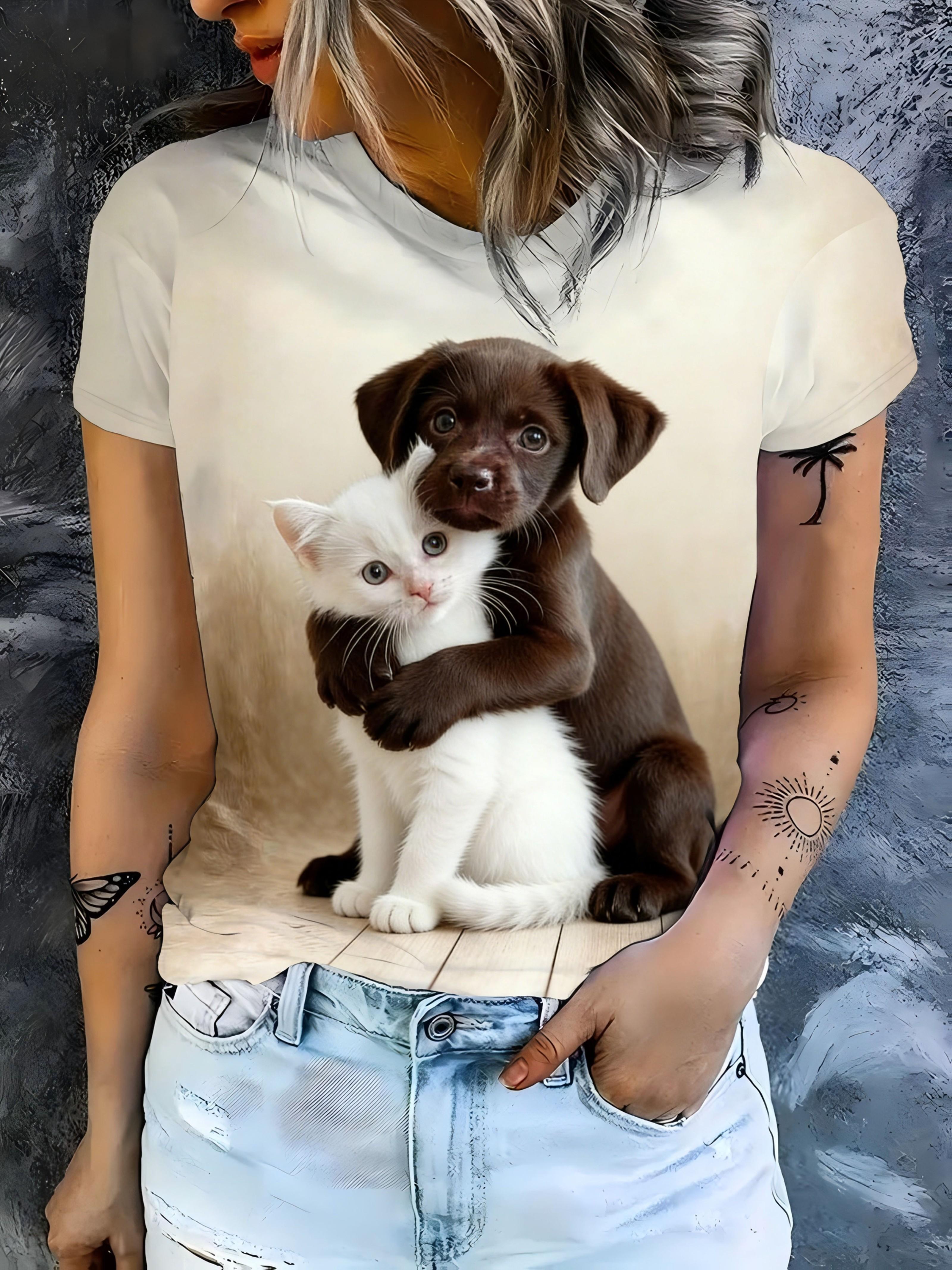 

Cute Style Women S Short Sleeve T-Shirt Brown Dog Embracing White Cat Print. Loose Fit. Crew Neck. Slight Stretch Fabric. Animal Pattern. Suitable fo S дубильная кора
