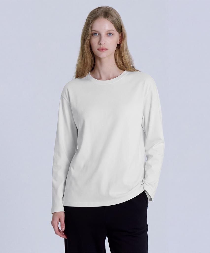 BASIC HOUSE Women'S 40-Count Relaxed Fit Crew Neck Long Sleeve T-Shirt Ivory Lats0207