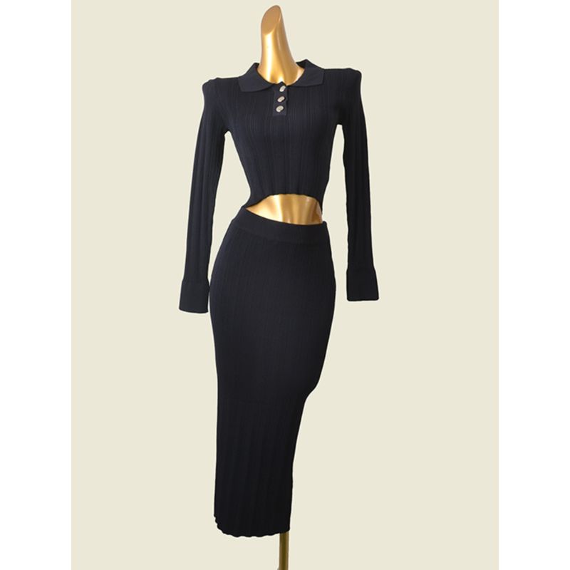 Spring New Arrival Polo Collar Silm Short Knitwear Long Sleeves Silm Versatile Hip Skirt Midi Dress Two-piece Set
