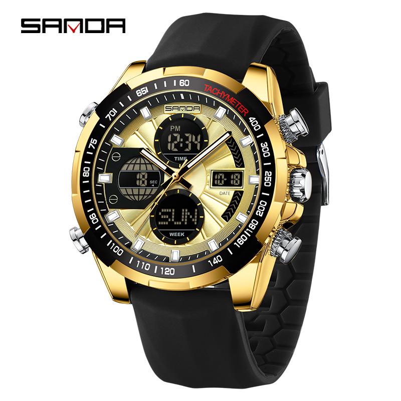 Sanda Dual Display Men's Multifunctional Sports Watch with Silicone Strap and Waterproof Feature