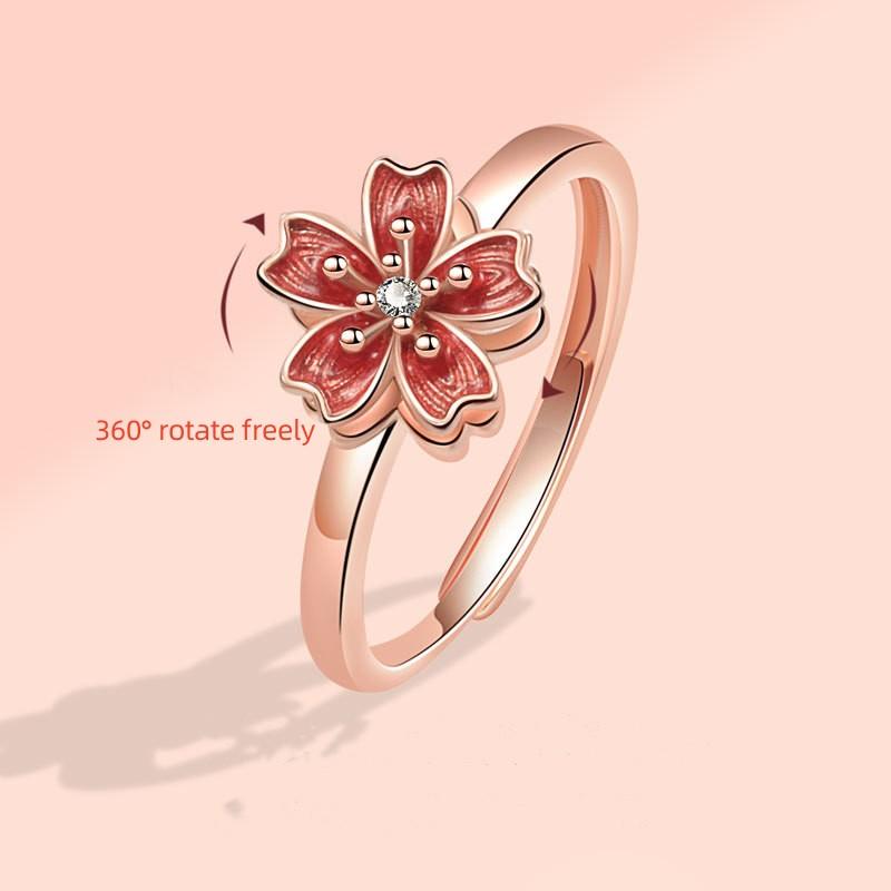 Favorite Toy Women's Peach Blossom Enamel Rotating Anxiety Adjustable Ring For Flower Metal Anti Anxiety Relaxing Knuckle Ring Bague Femme