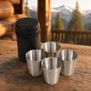 4pcs Stainless Steel Portable Tea Cup Black PU-Leather Case Whiskey Tumbler Cups  Travel Use