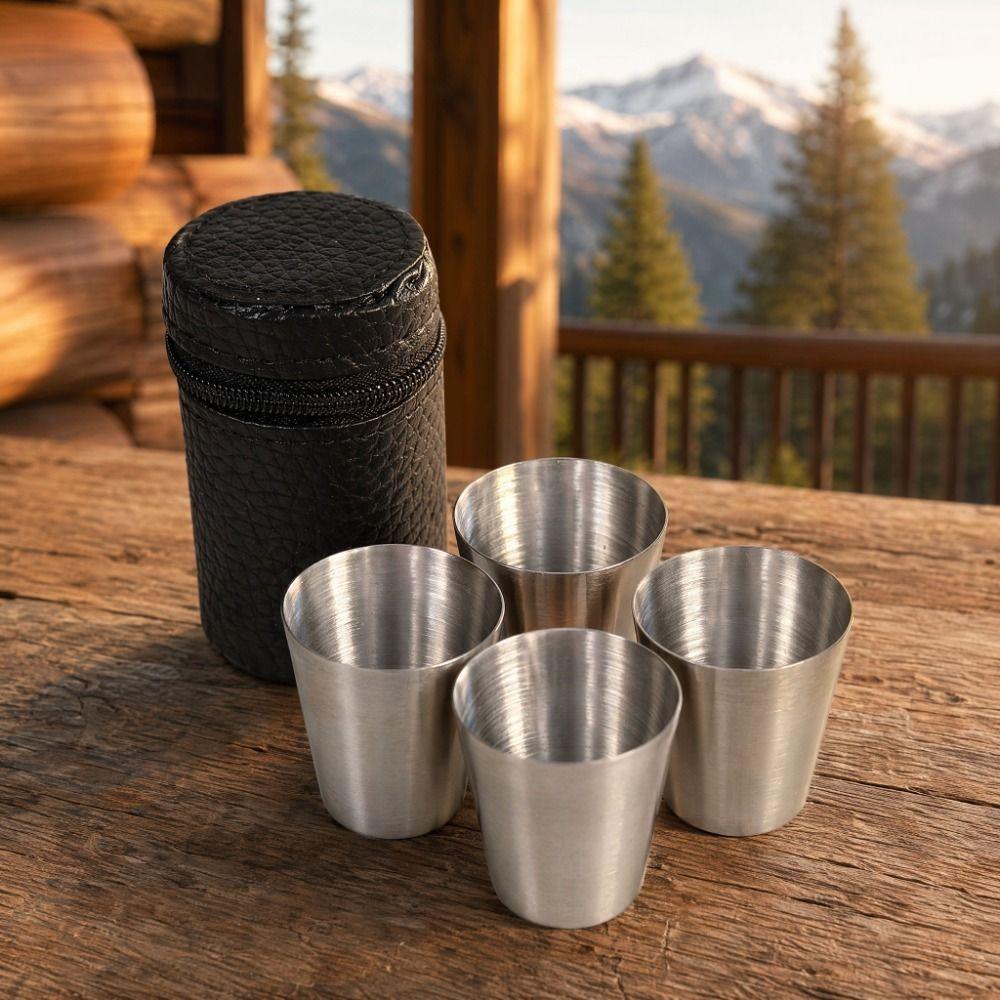 4pcs Stainless Steel Portable Tea Cup Black PU-Leather Case Whiskey Tumbler Cups  Travel Use