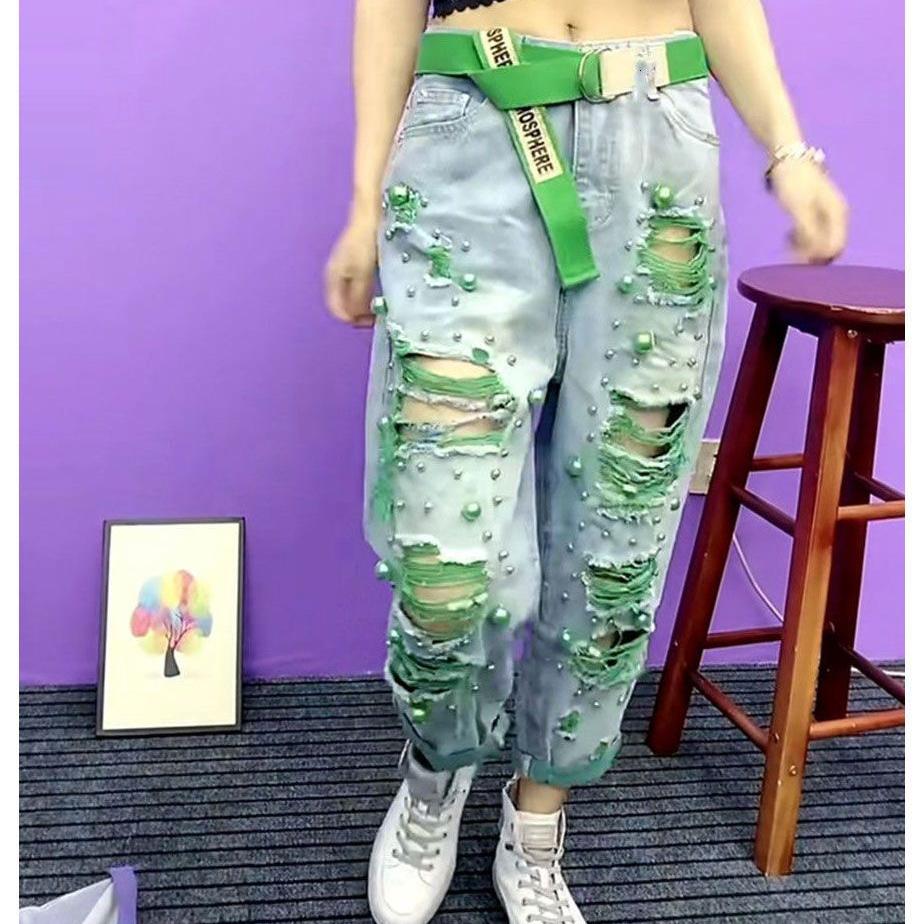 Style Summer New Sexy European Hole Nail Bead Womens Jeans Fashion Harem Pants