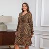 Rochie de toamnă, tricotată cu elastic înalt, leopard, cu decolteu în V, lungime mijlocie, rochie sexy pentru femei de mărime mare, cu mâneci lungi