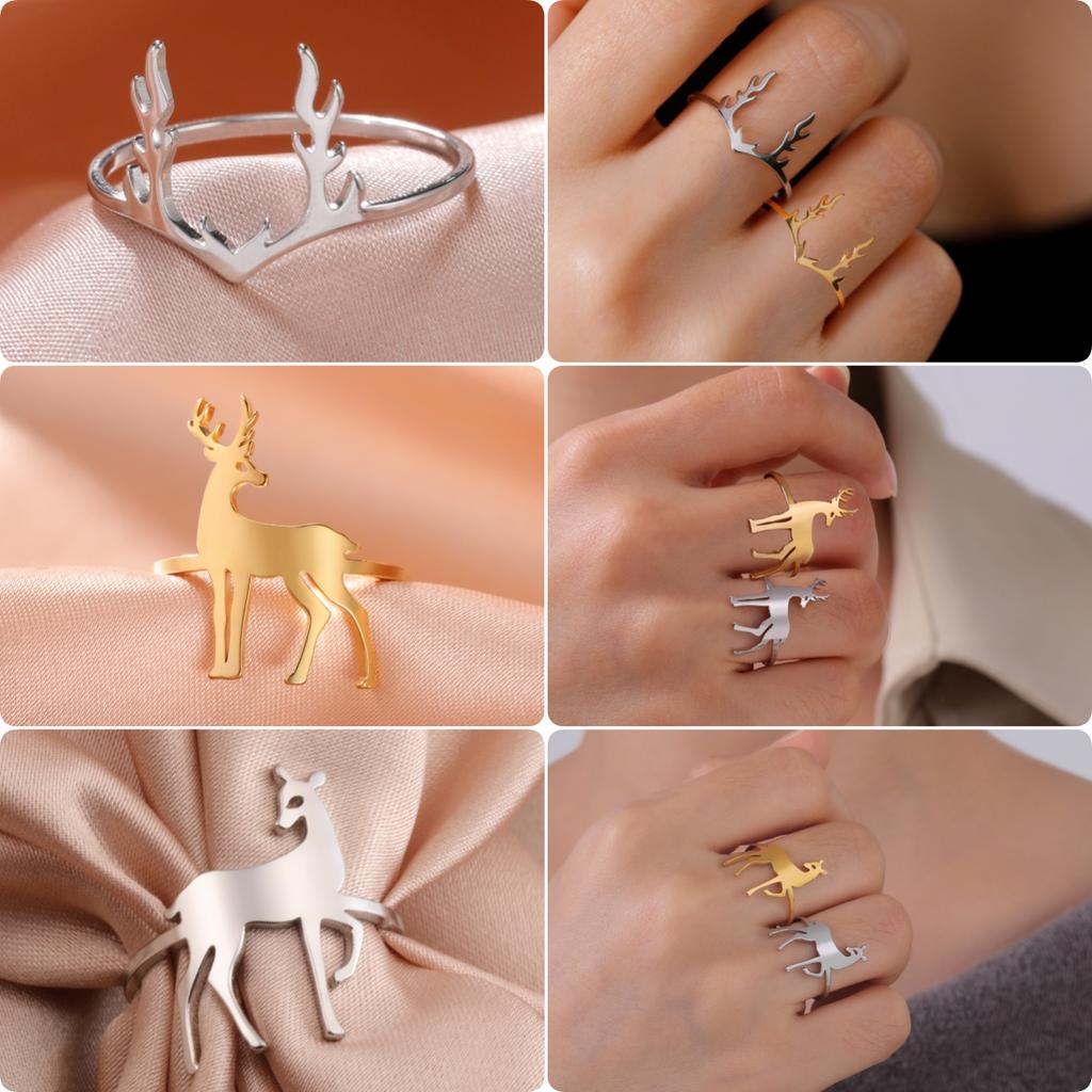 LIKGREAT Simple Reindeer Antler Finger Ring for Women Men Stainless Steel Fashion Elk Deer Jewelry Trend Couple Birthday Gift