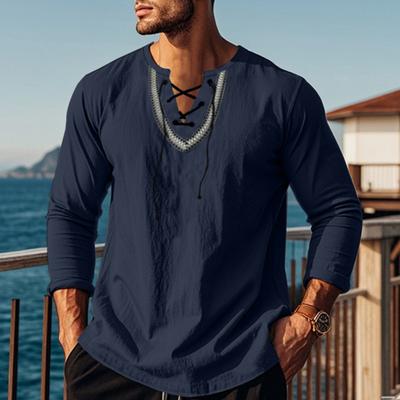 Men Causal Shirt Lace-up V Neck Loose Fit Long Sleeves Shirt Vintage Ethnic Boho Spring Fall Breathable Cotton Men Sweatshirt Top